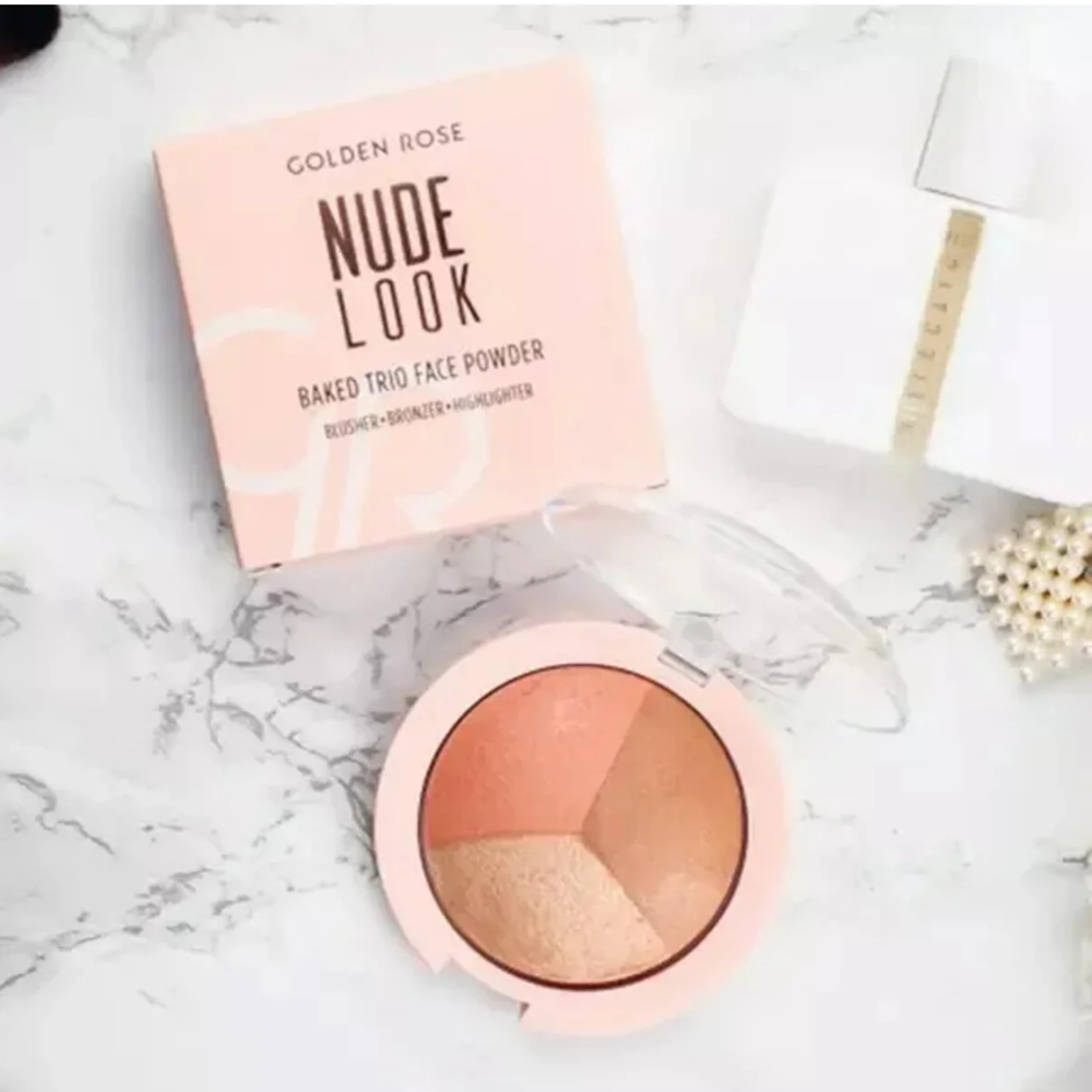GOLDEN ROSE NUDE LOOK BAKED TRIO FACE POWDER BLUSHER, BRONZER, HIGHLIGHTER