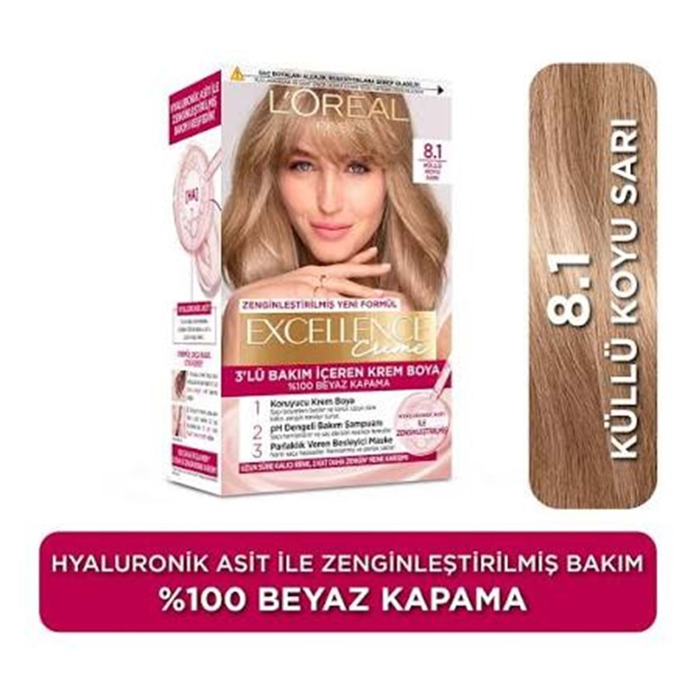 LOREAL EXCELLENCE CREME SAÇ BOYASI 8.1 KÜLLÜ KOYU SARI
