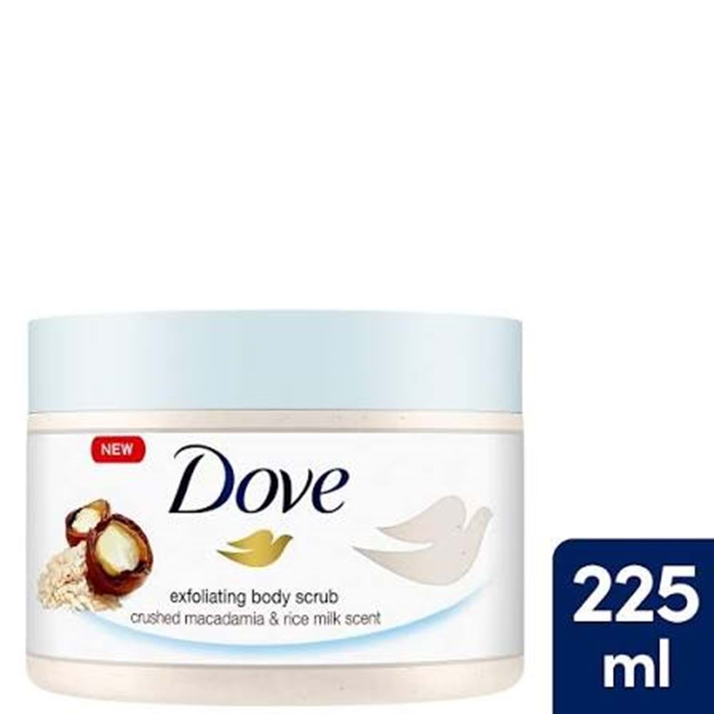 DOVE VÜCUT PEELİNGİ MACADEMİA FINDIĞI&PİRİNÇ SÜTÜ 225 ML